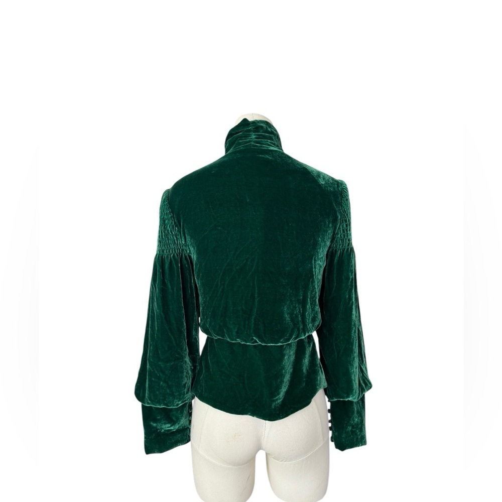 BCBG Max Azria XS Emerald Green Velvet Blouse Victorian High Neck Button Front - Picture 5 of 8